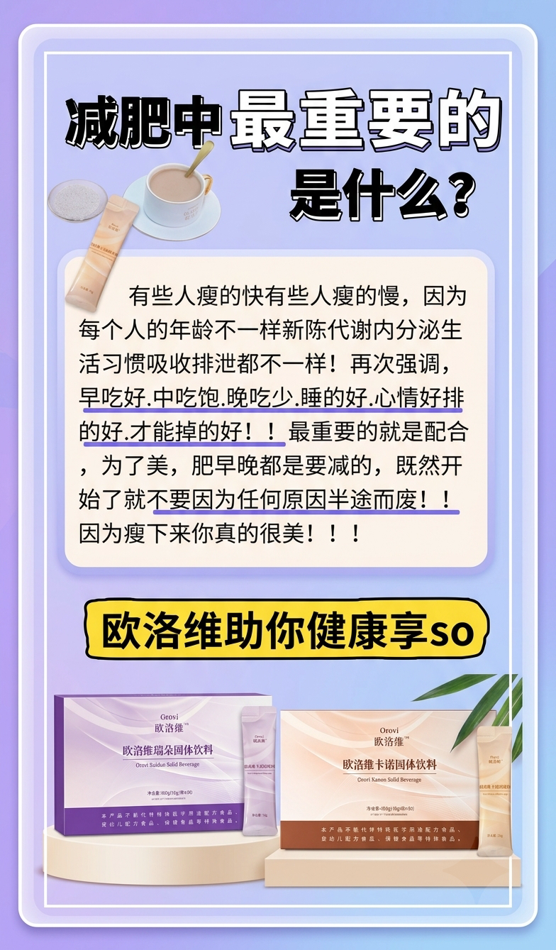 欧洛维宣传海报：健康贵在坚持，早晨吃好中午吃饱晚上吃少